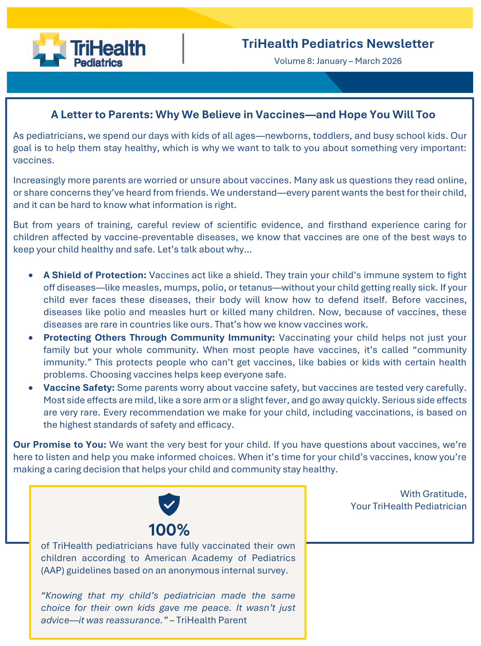 TriHealth Pediatrics Newsletter - Jan - Mar 2026 page 1